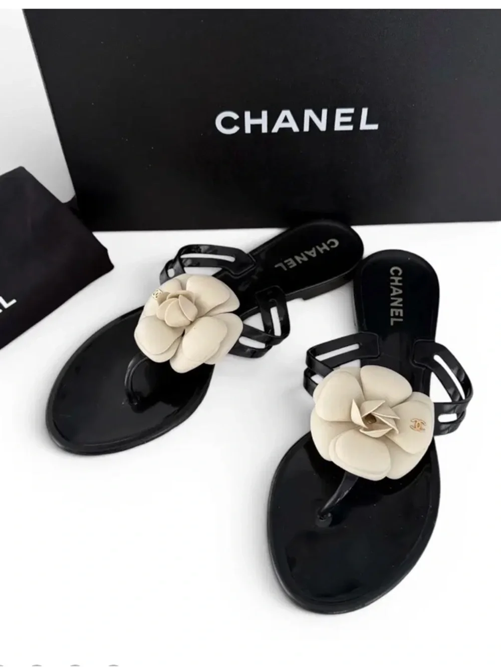 CHANEL Black Sandals with Cream Camellia Floral Accent